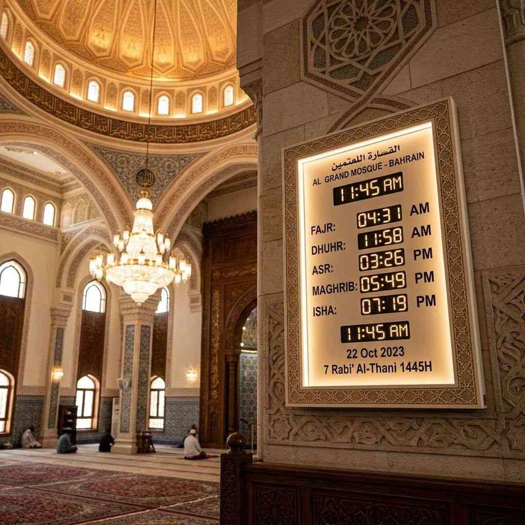 A precise digital prayer time display in a Bahraini mosque showing accurate Salah timings
