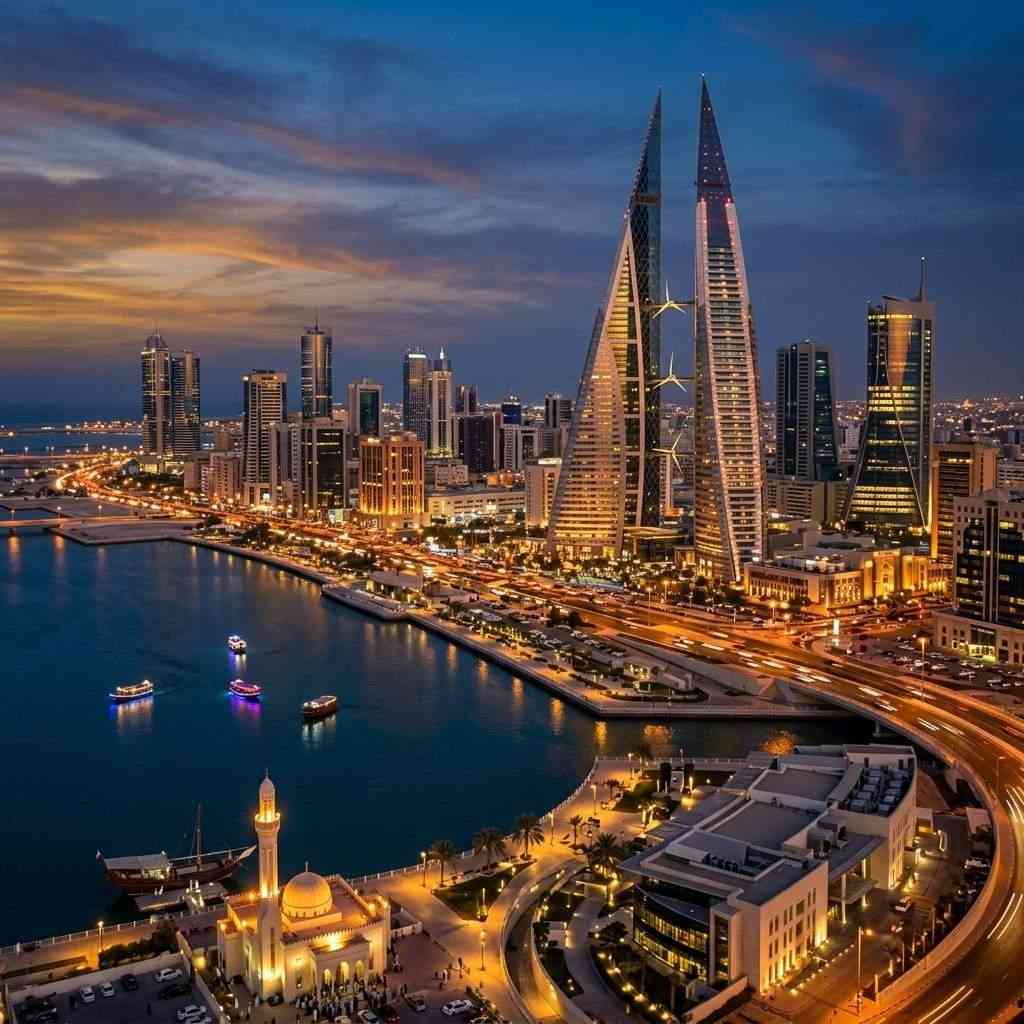 The skyline of Manama, Bahrain at sunset, illustrating the rhythm of daily life and prayer times