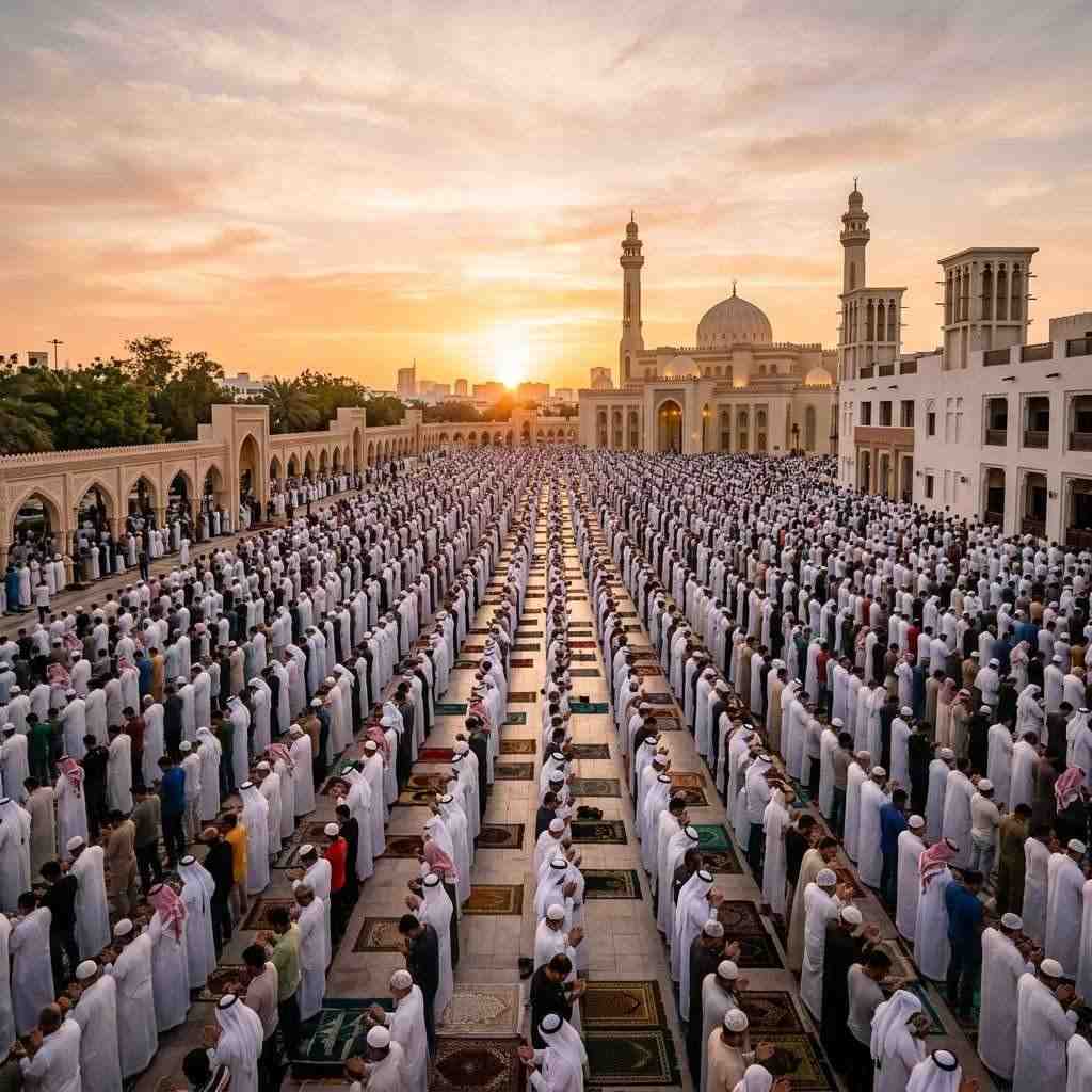 A large congregation of worshippers performing Eid prayer in a traditional Bahraini Musallah